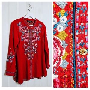 Caleoaa Embroidered Top Women's Size S Red Button-up Long Sleeve Shirt Blouse